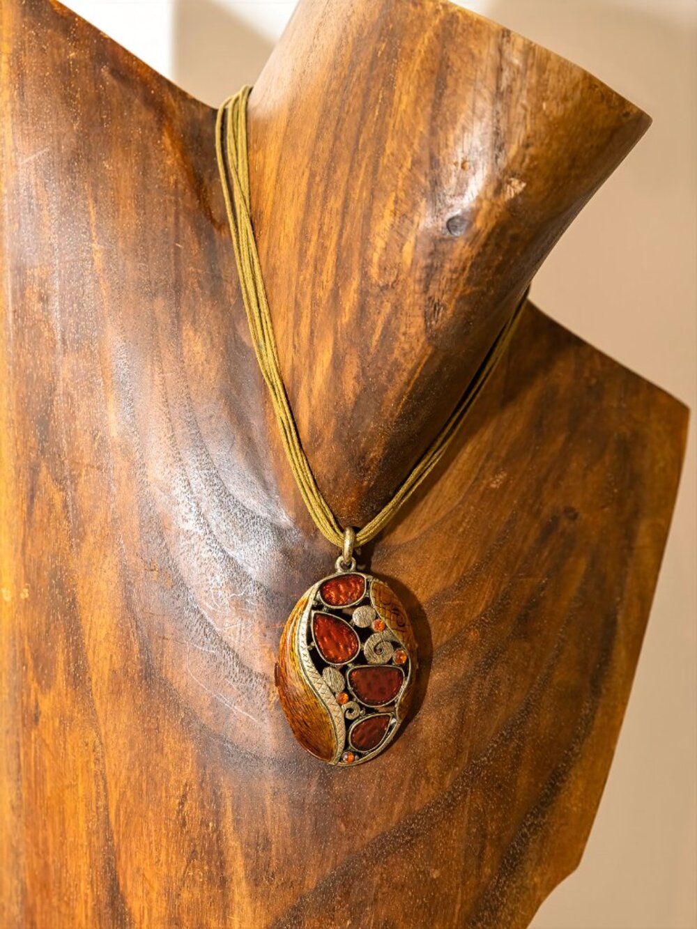 Artisan Abstract Pendant Necklace & Matching Earrings Set Red Gold Black